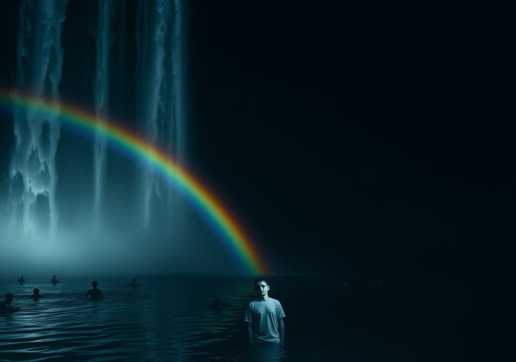 Rainbow Waterfall with Swimmers: Tranquil Photo