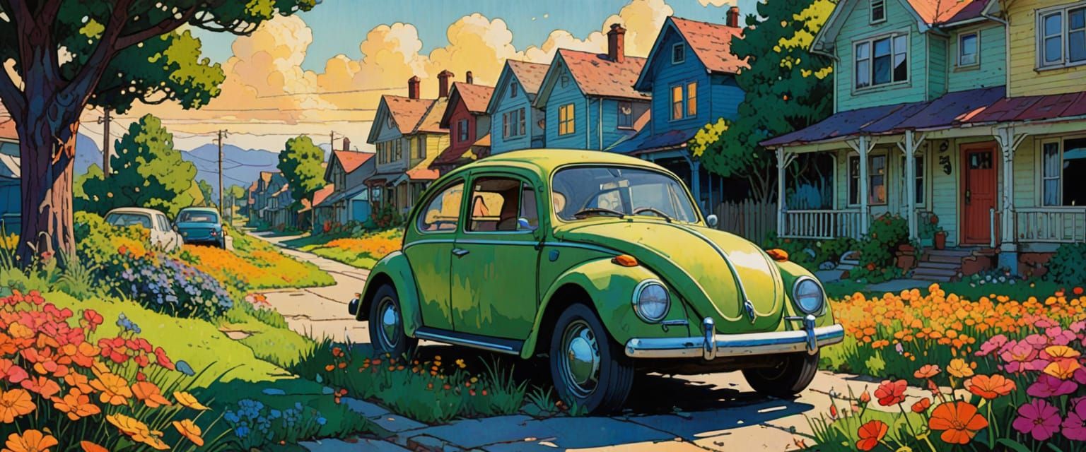 Abandoned Homes and Beetle in Vibrant Comic Style