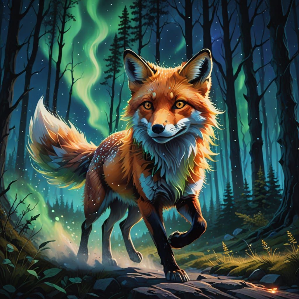 Mystical Fox Running Under Vibrant Aurora Lights