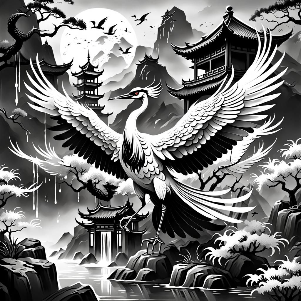 Crane in Chinese Calligraphy Tattoo Style