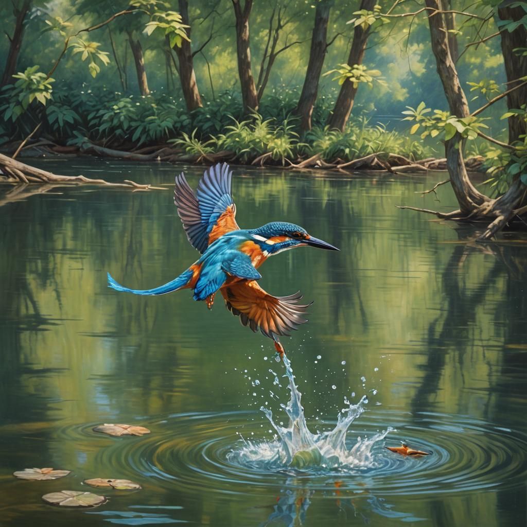 Kingfisher Diving: Realistic Oil Painting of Summer Lake