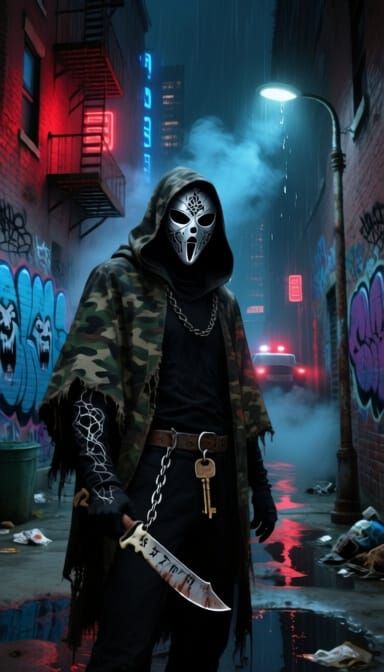 Noir Alleyway at Night: Masked Killer with Flickering Neon