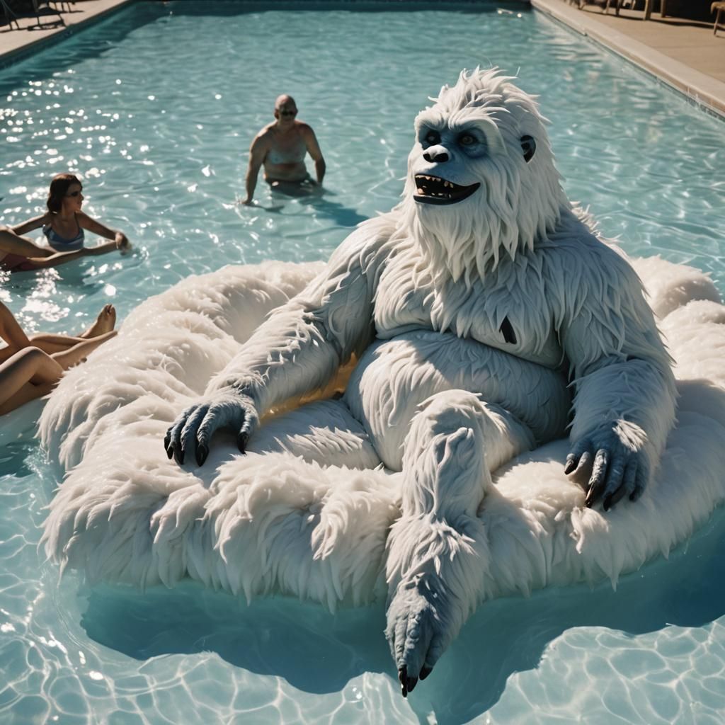 Yeti Snow Monster Relaxing in Swimming Pool