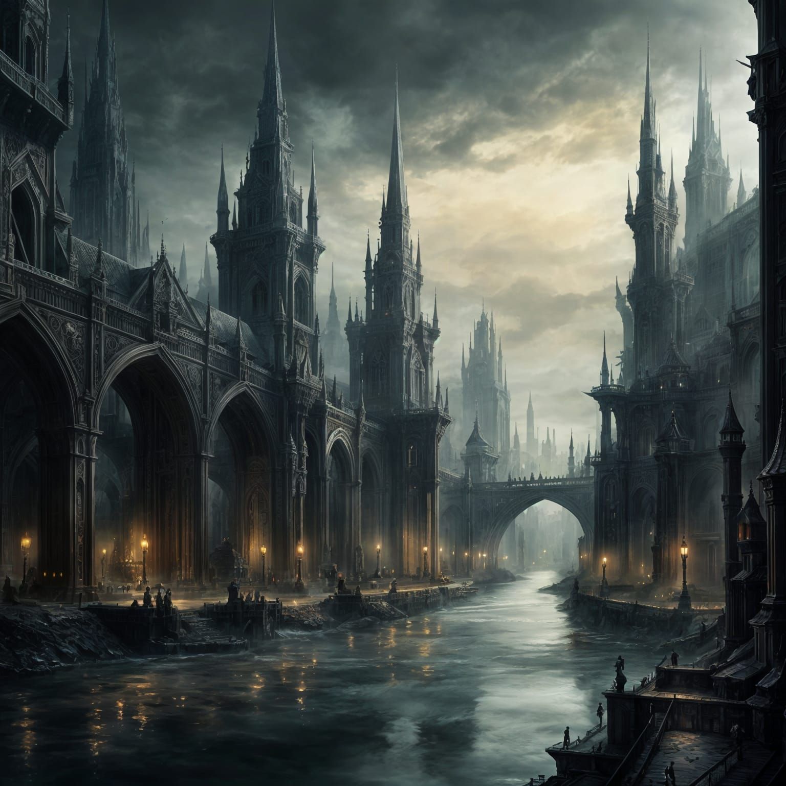 Cité imaginaire bordé dun vaste fleuve