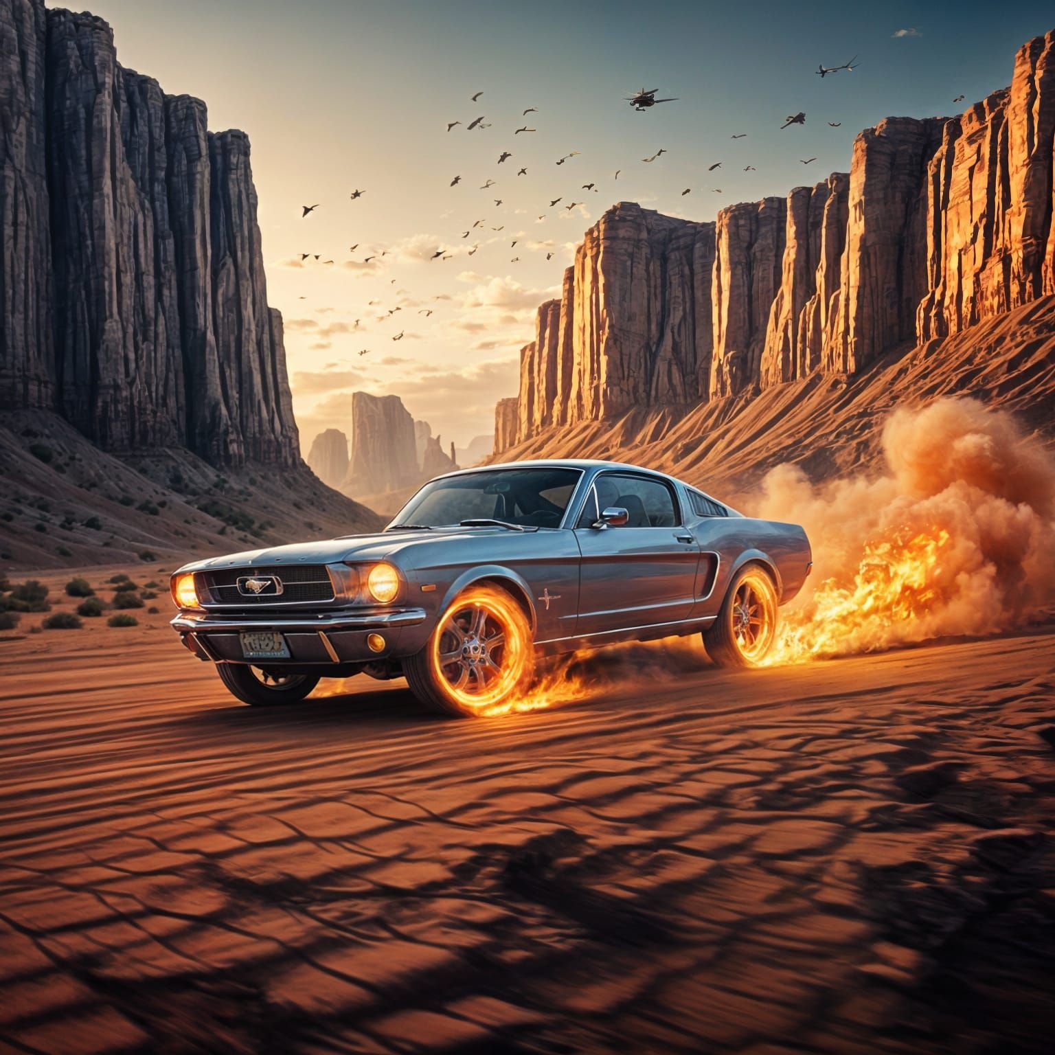 Vintage Mustang Speeds Through Fiery Desert