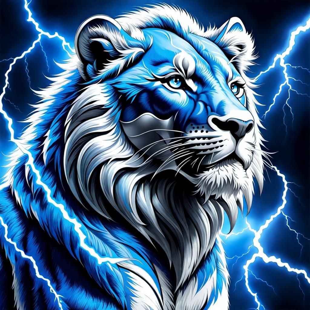 Muscular Detroit Lions Mascot with Lightning Art