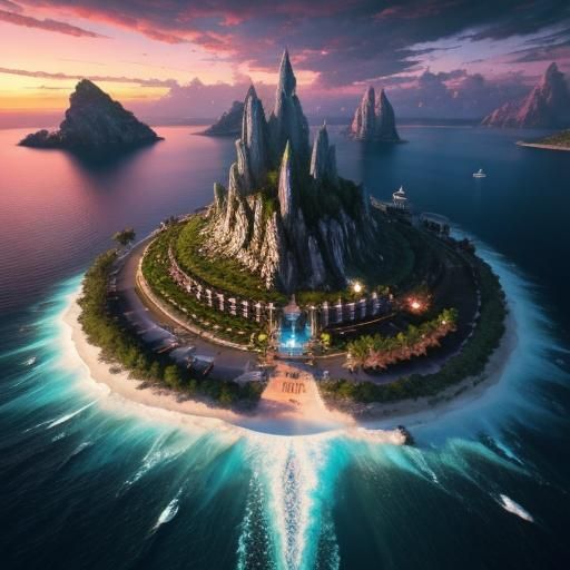 Paradise Beach on Floating Island: Vivid Digital Art