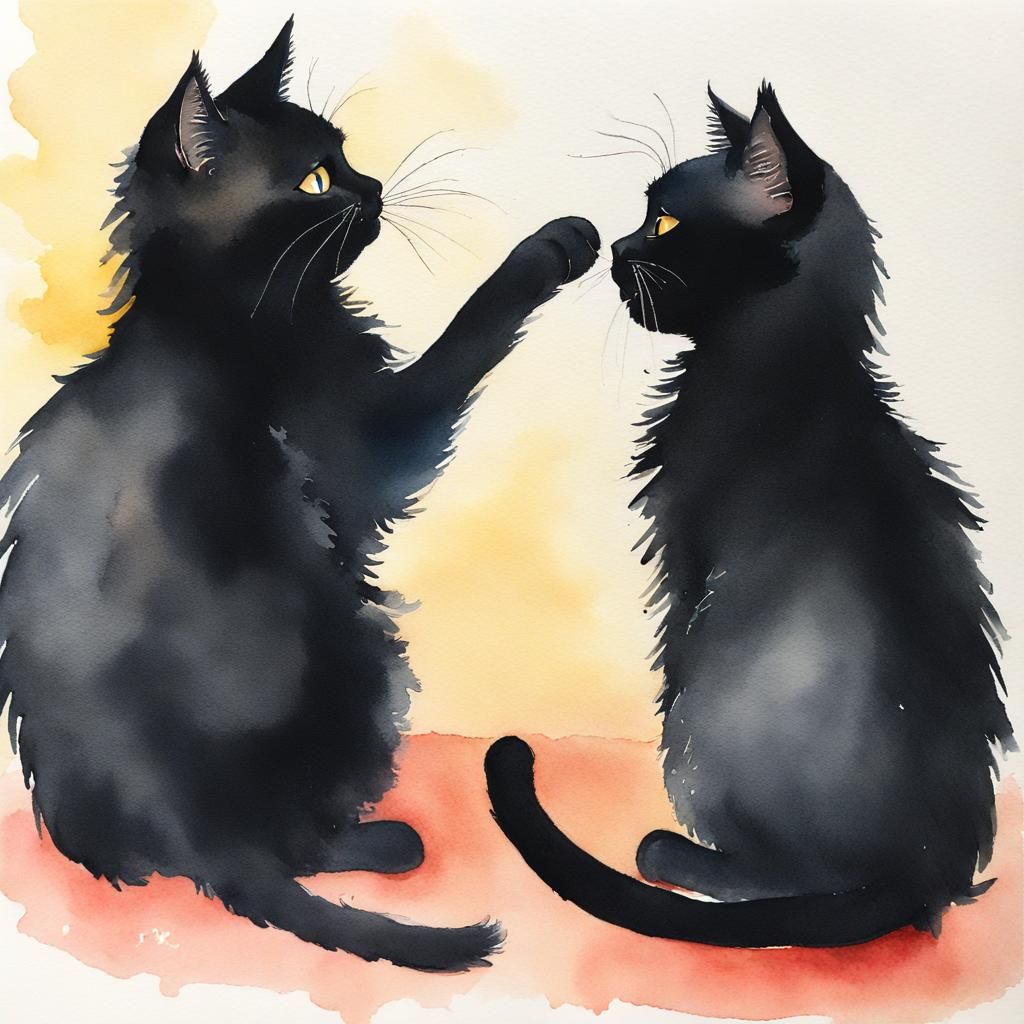 Whimsical Watercolor of Fluffy Black Cats Booping