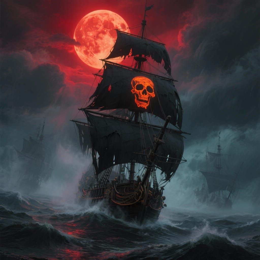 Ghost Pirate Ship in Stormy Seas Under Blood Moon