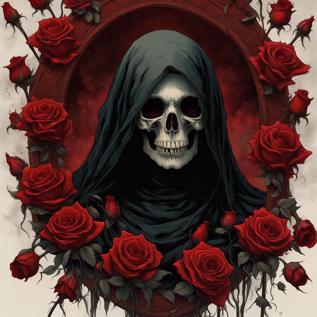 Female Grim Reaper with Roses in Doré Style