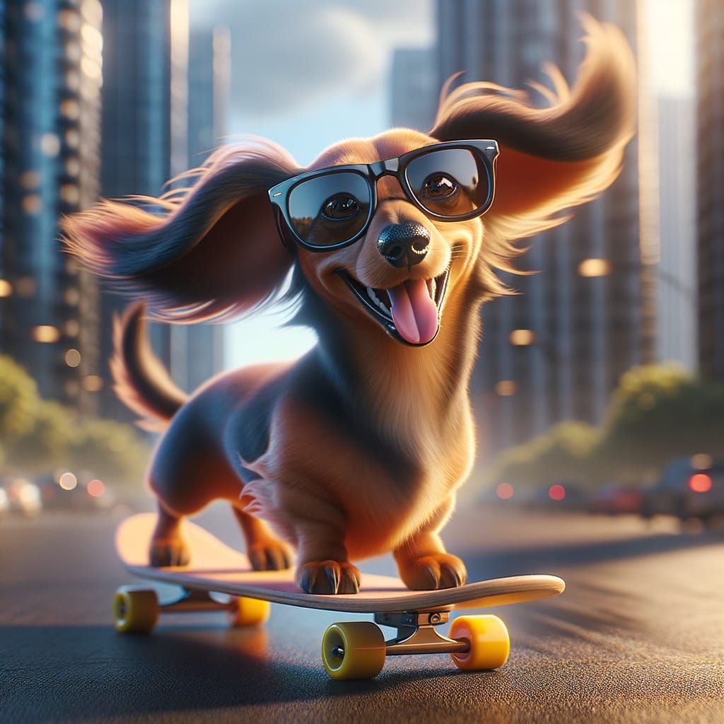 Vibrant Dachshund Skates Through City Streets in Whimsical A...