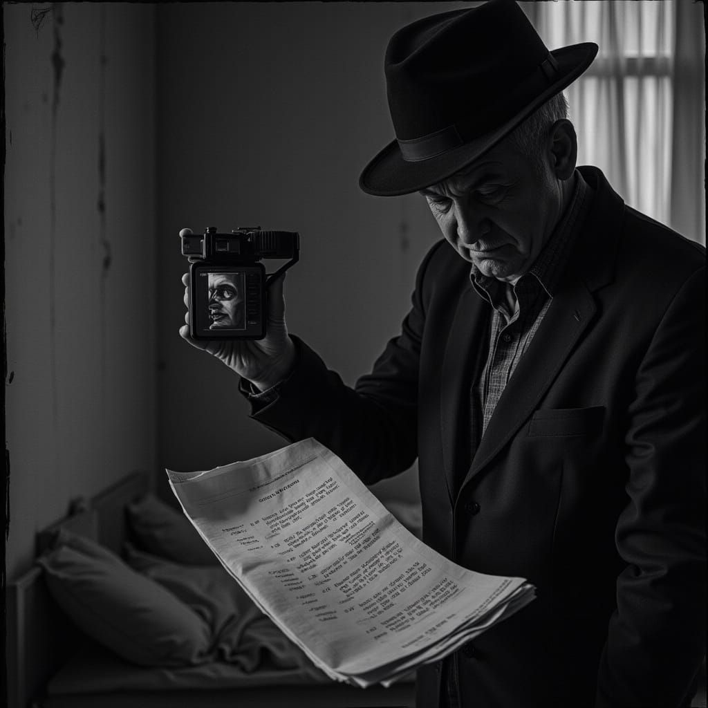 Sinister Man with Secret Documents and Hidden Camera