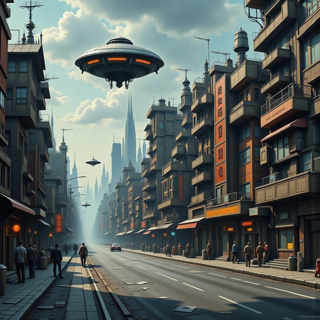 Malfunctioning Sci-Fi Cityscape With Lone Skimmer