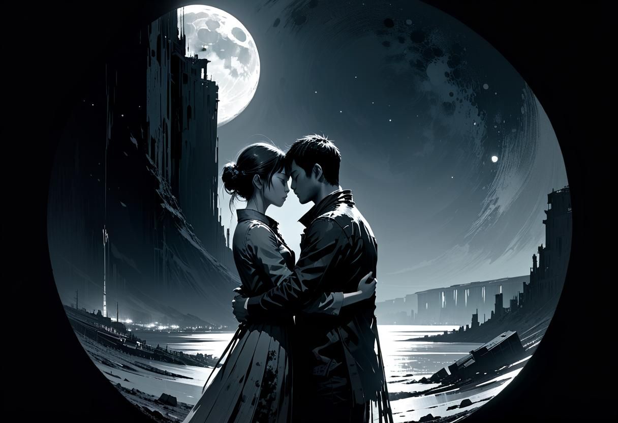Lovers Embrace Under the Moon and Sun