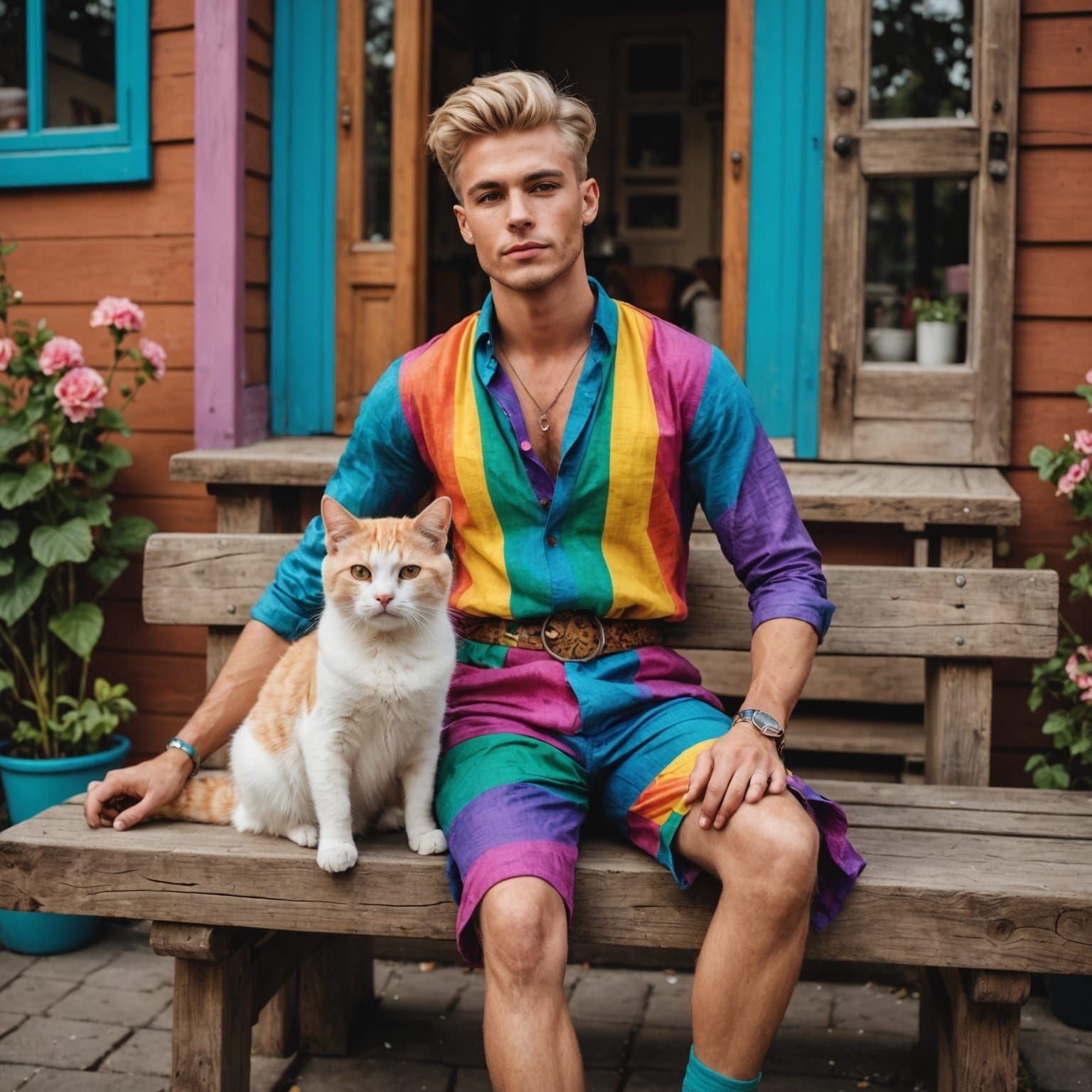 Gay Man in Drag Queen Outfit with Cat