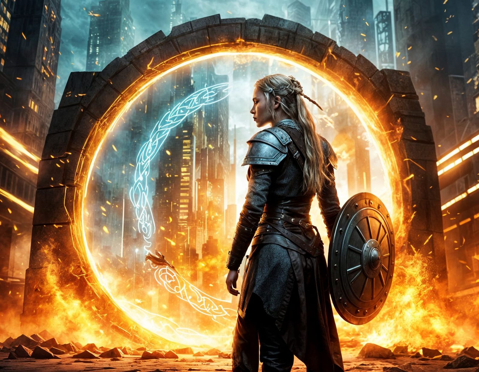 Viking Shieldmaiden Gazing Through Time Portal