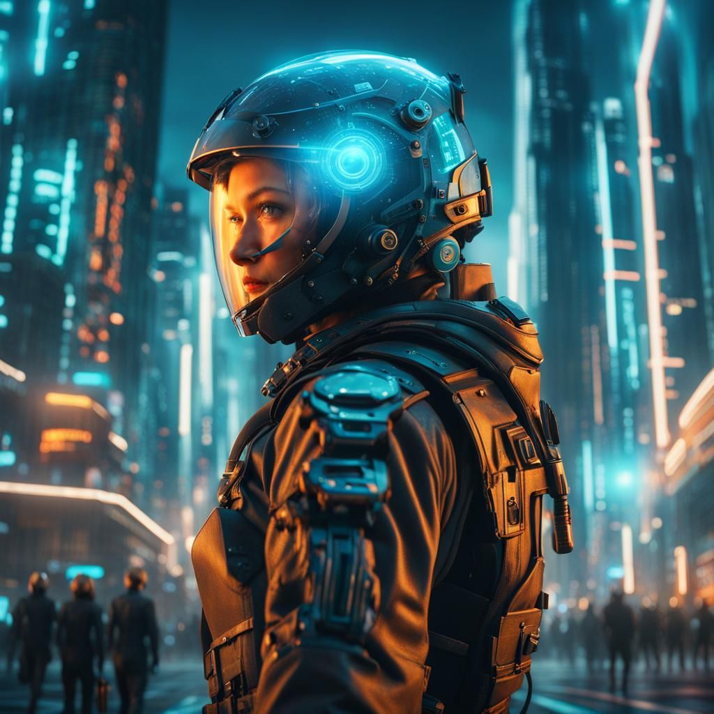 Futuristic Hologram People in Cyberpunk City
