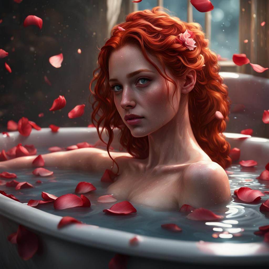 Red-Haired Girl Bathes in Rose Petals: Fantasy Art