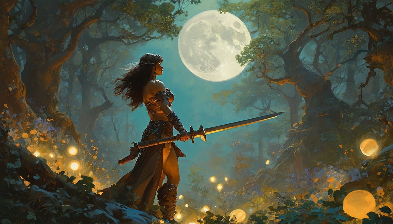 Barbarian Warrior in Moonlit Enchanted Forest