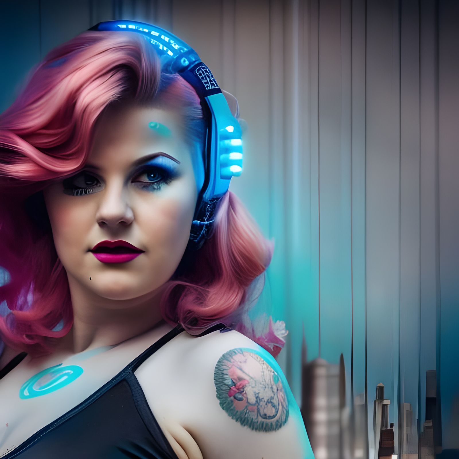 Cyberpunk Pin-Up: Pink Haired Model in Dieselpunk City
