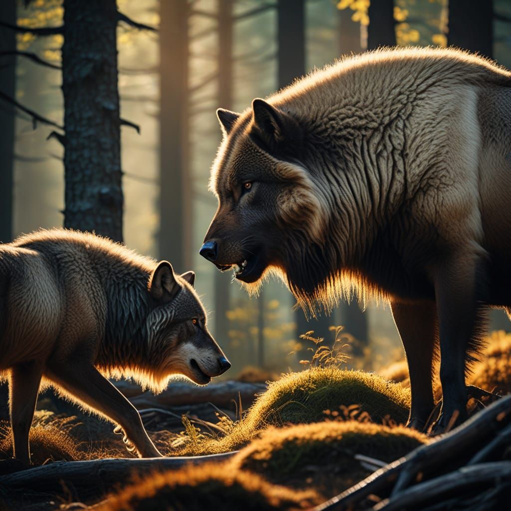 Majestic Wolf and Bison in Forest Sunlight