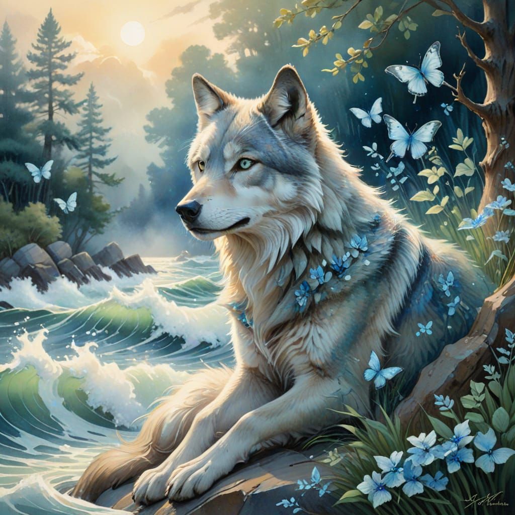 (Wolf on a rock in a forest with big green eyes:1.5) Dreamlike illustration in the midst of the Great Wave off Kanagawa,...