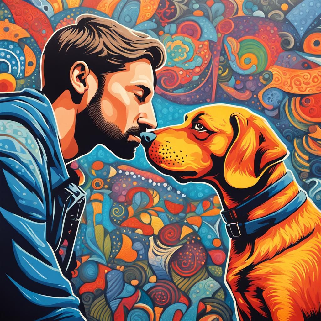 Man and Dog: A Vibrant Bond in Gouache