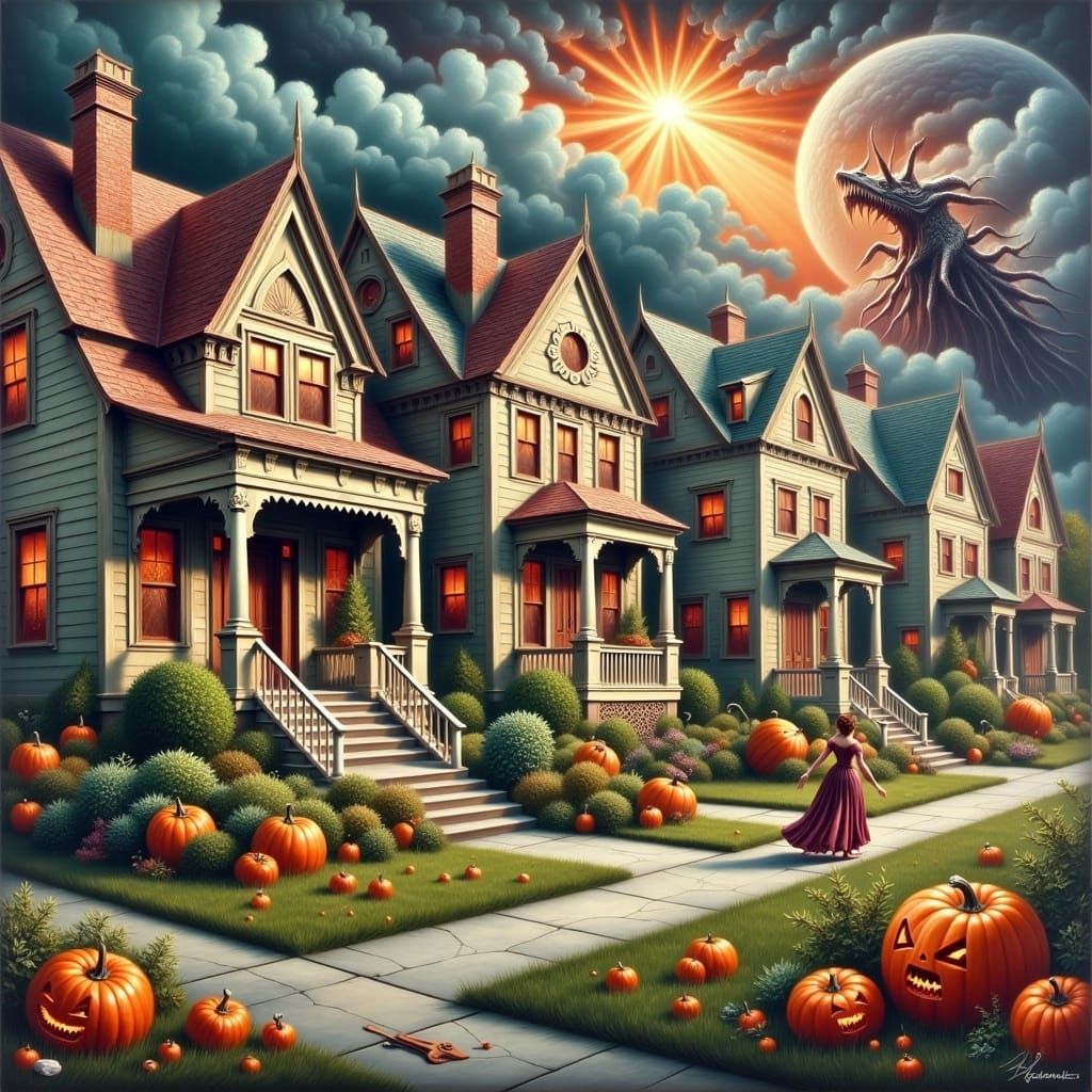 Angry Halloween Houses: Surreal Oil Painting