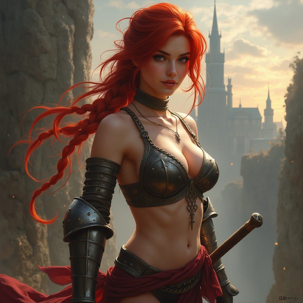 Fierce Red Sonja Battles a Dragon in a Fantasy Castle
