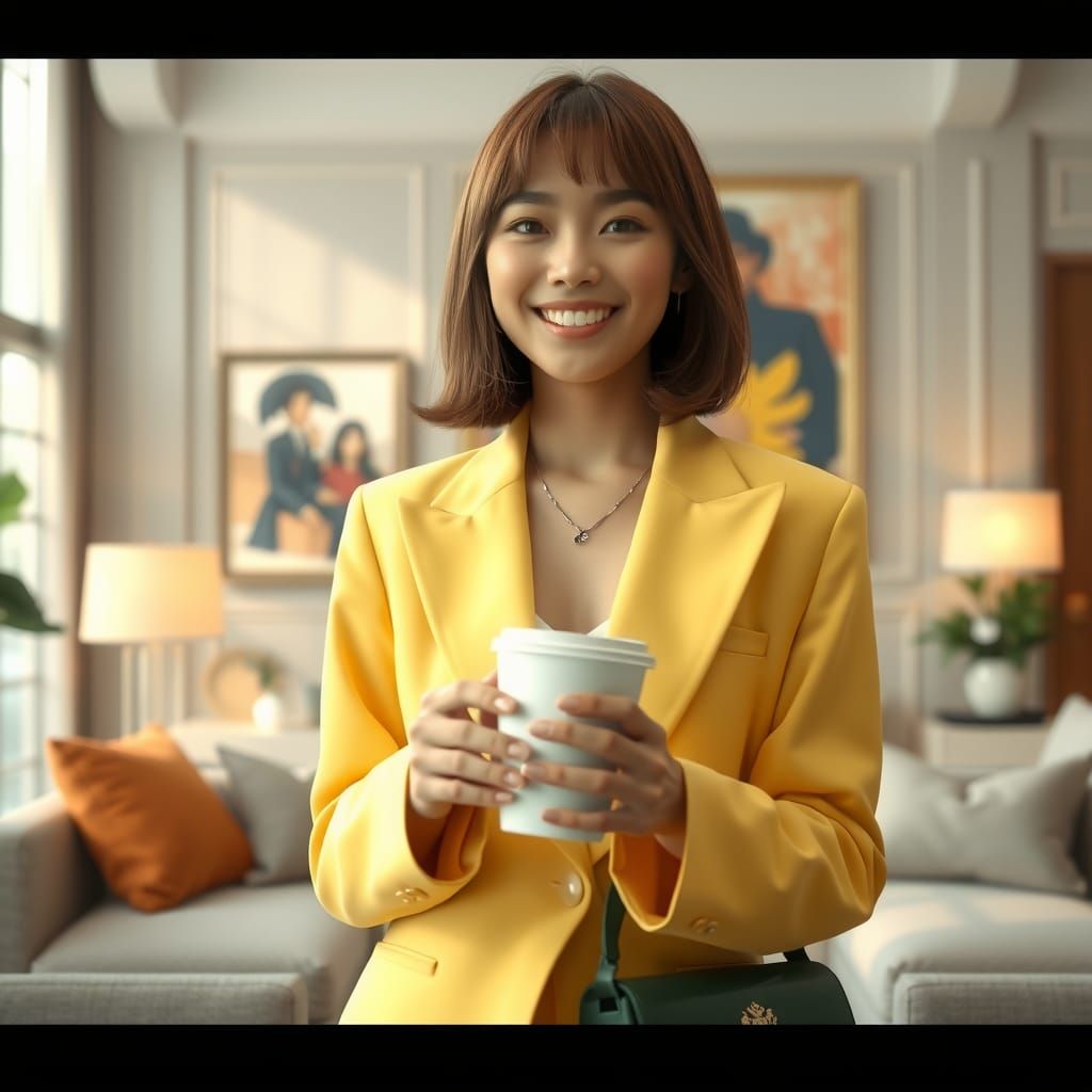 Japanese Idol in Pastel Suit with Coffee