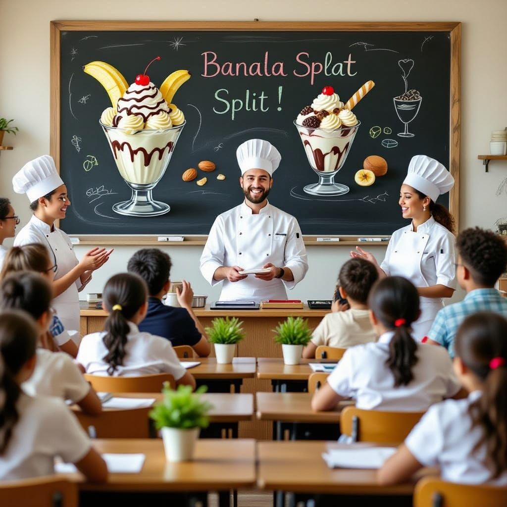 Whimsical Sundae Classroom Scene in Warm Color Palette