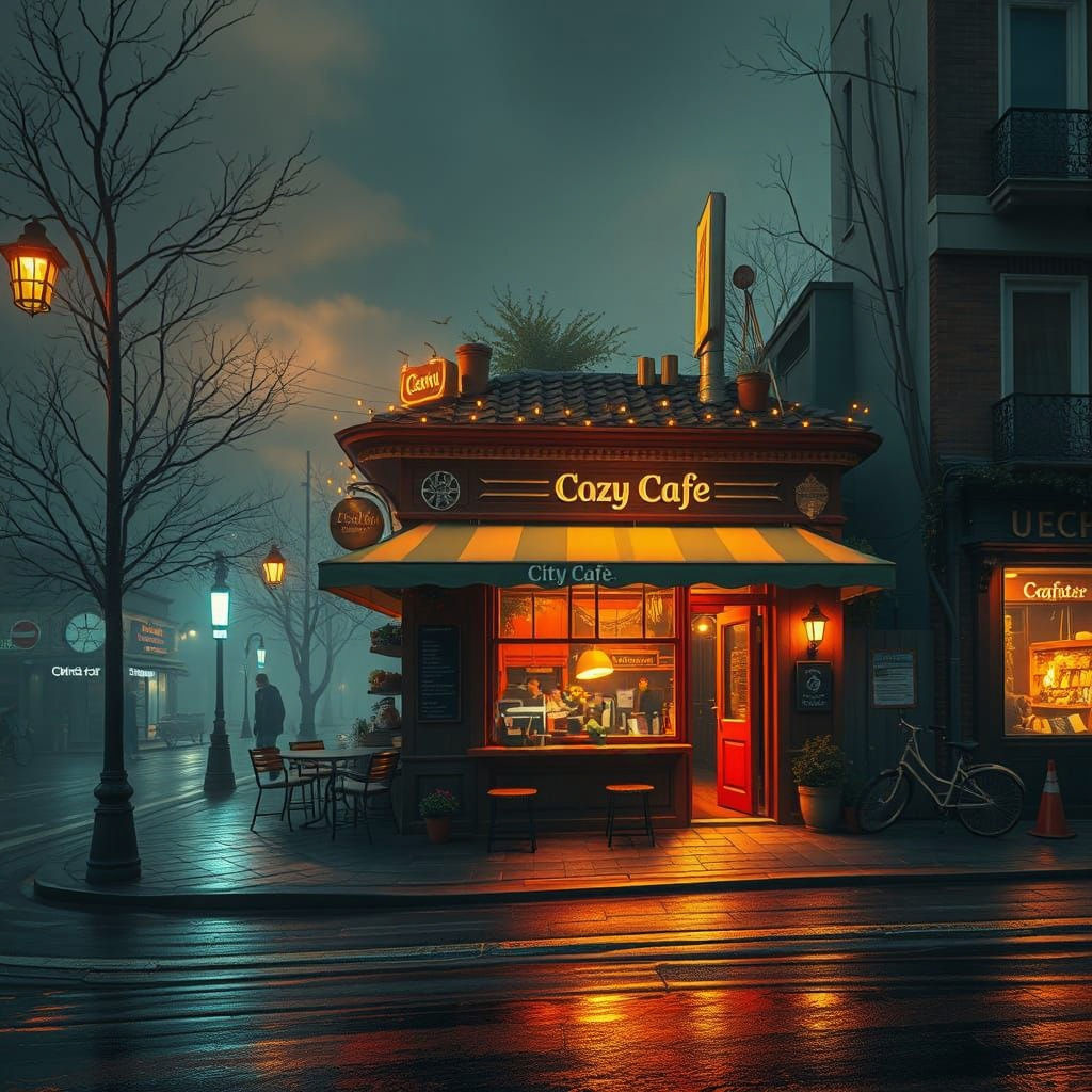 Whimsical Nighttime Cafe Scene in a Fantastical City