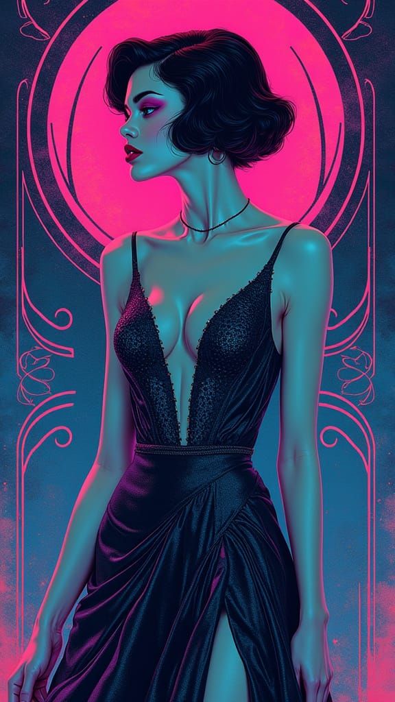 Vibrant Vampire Goddess in Art Deco Splendor