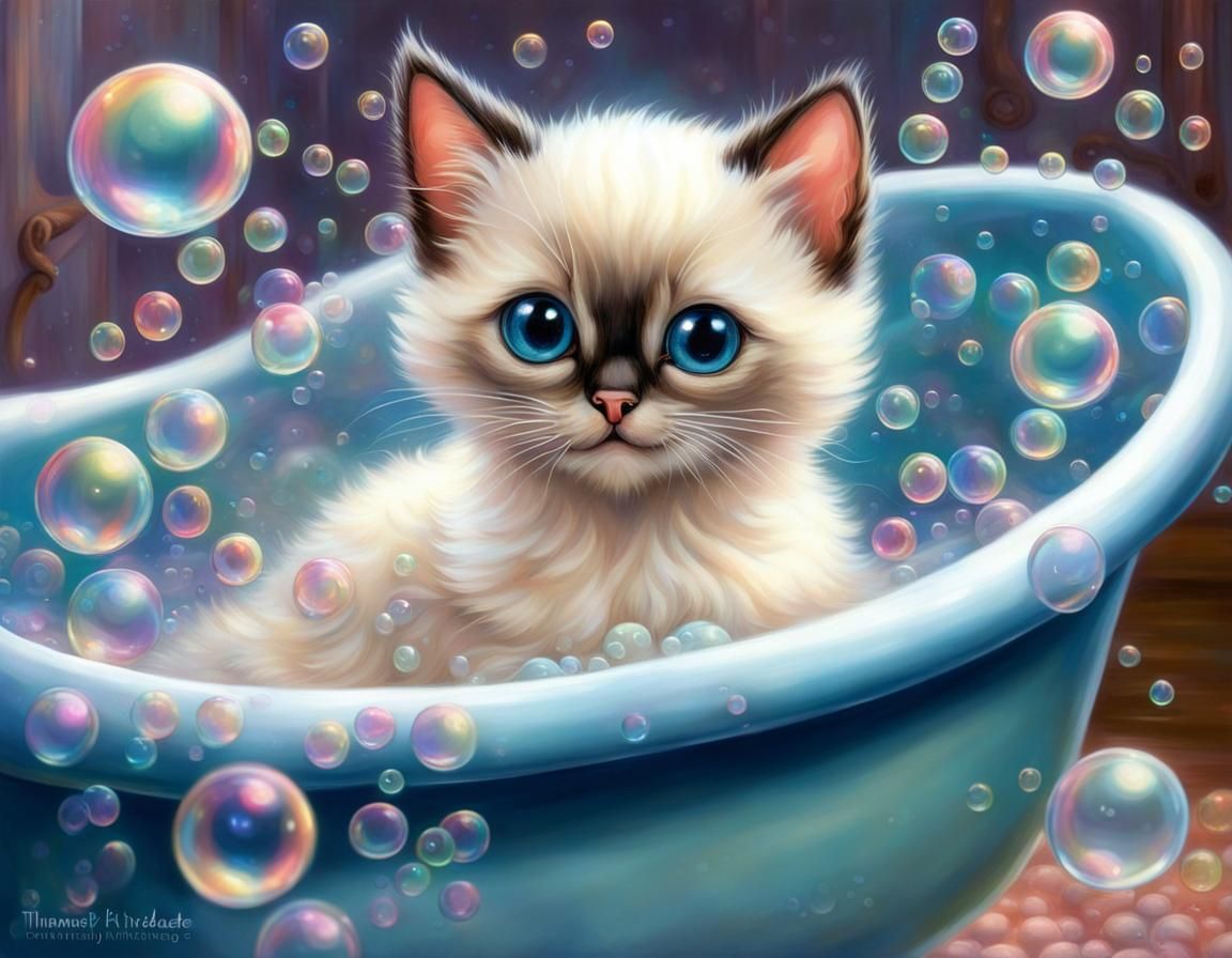 Siamese Kitten's Iridescent Bubble Bath, Hyperdetailed