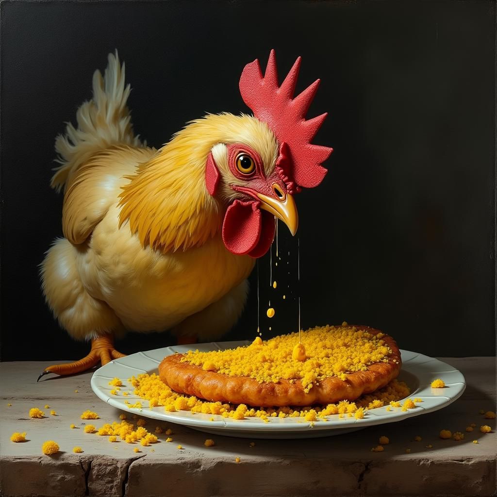 Hen Cries Over Schnitzel: Rustic, Emotive Scene