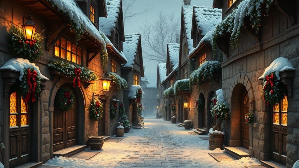 Whimsical Winter Village Scene in a Fantasy Realm