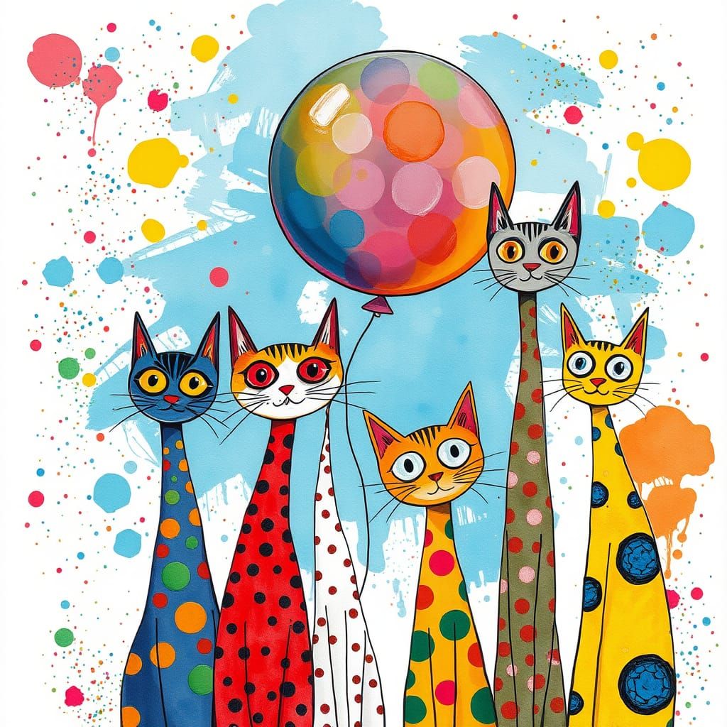 Skinny Cats with Balloons in Vibrant, Patterned Style