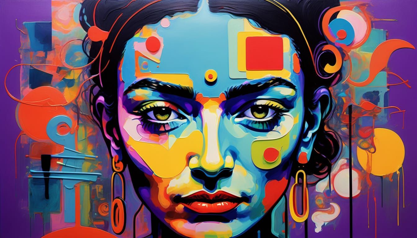 Surreal, Neon-Colored Landscape with Bizarre Face and Animis...