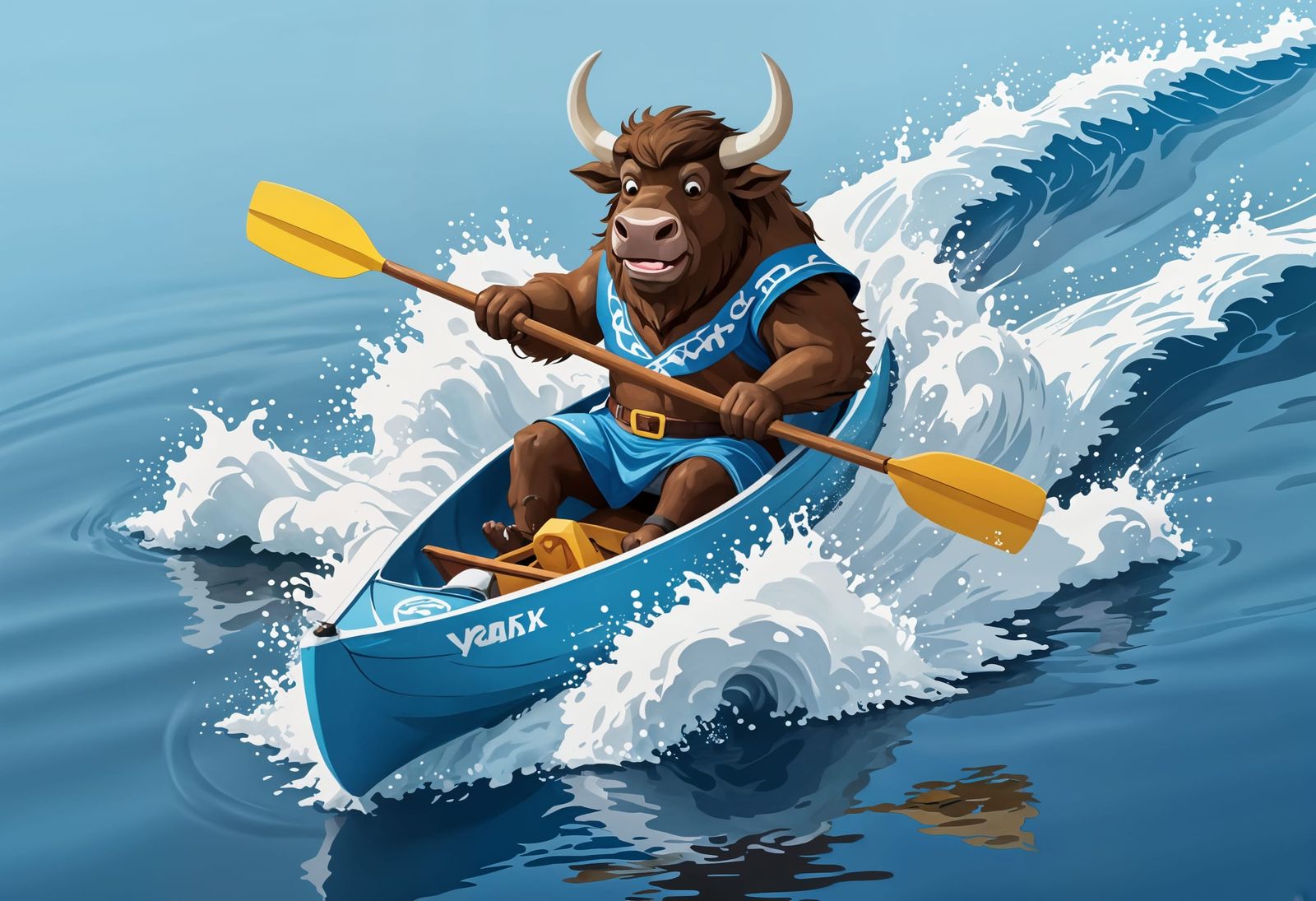 Yak Kayaking: Vibrant Cartoon Logo in Hanna-Barbera Style