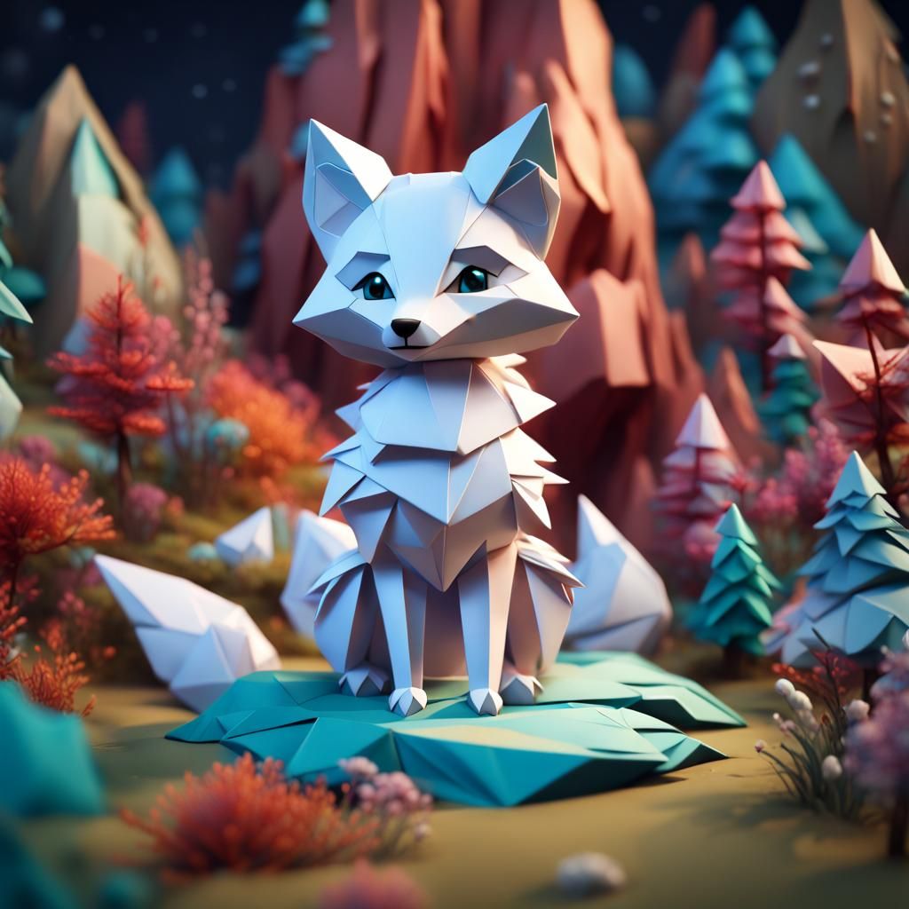 Origami Arctic Fox: Detailed Matte Painting