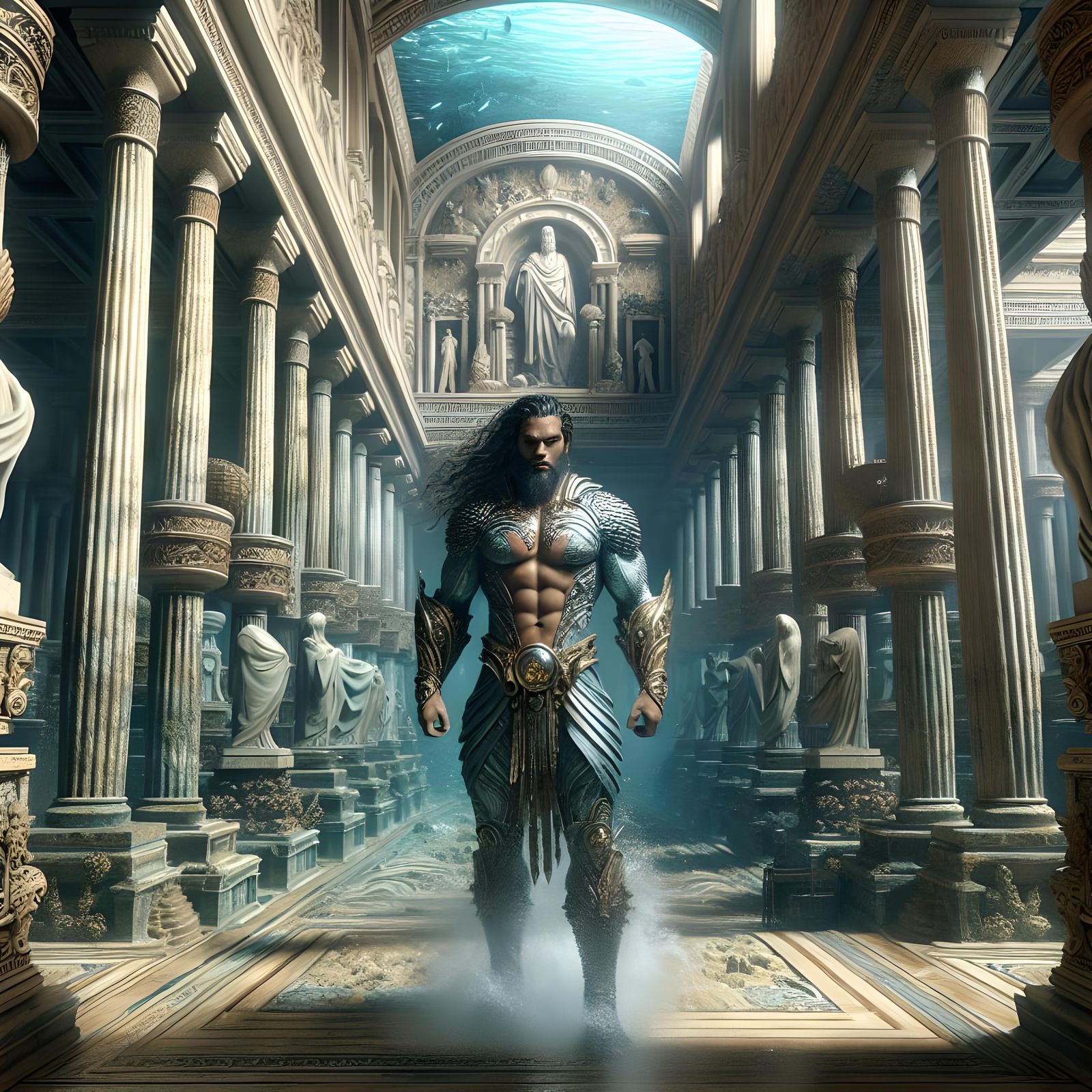 Underwater Superhero in Ancient Greek Library