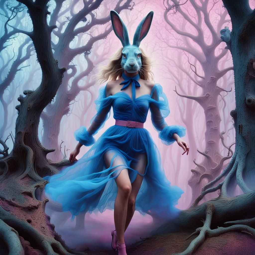 Surreal Rabbit Chase in Mystical Neon Forest