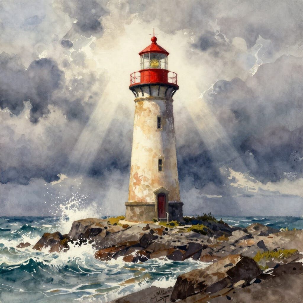Dramatic Lighthouse Amidst Crashing Waves in Watercolor Styl...