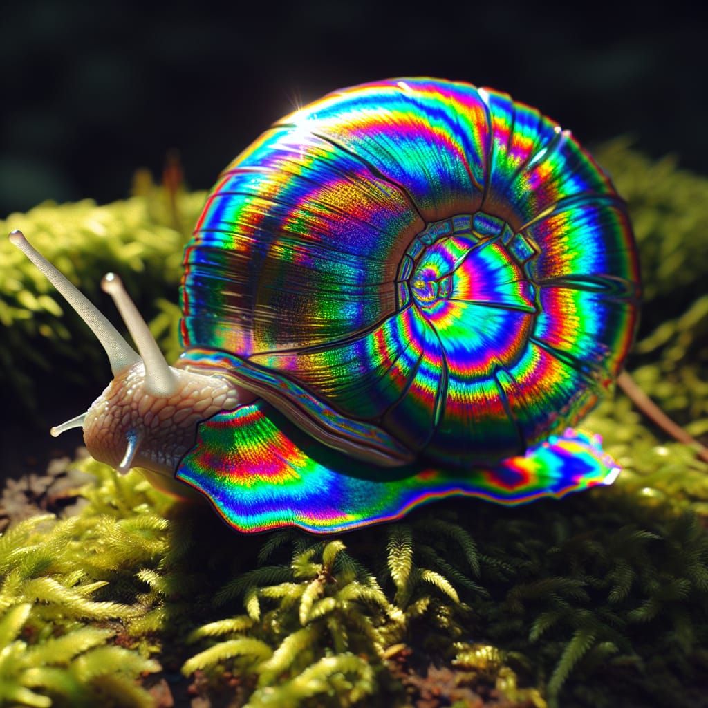 a surreal portrait of a holographic snail, the snail is on m...