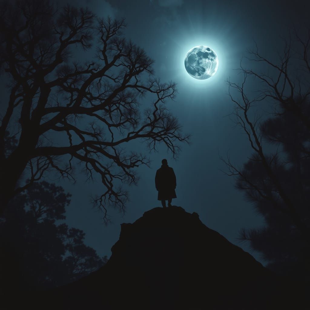 Mysterious Moonlit Forest Under Celestial Eclipse