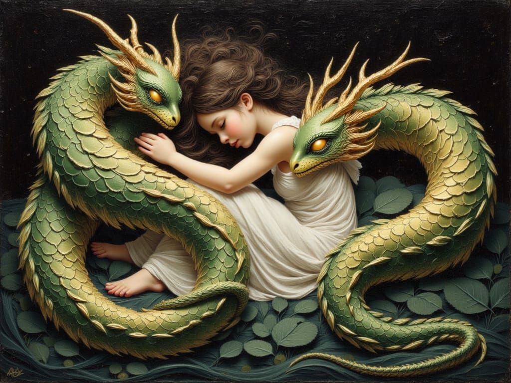 Girl Sleeping with Dragons in Photorealistic Oil Painting