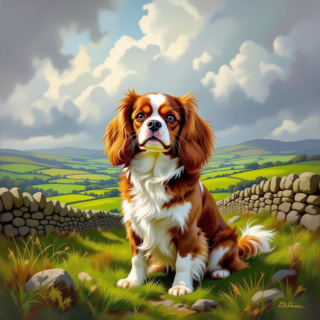 Regal Cavalier King Charles Spaniel in Rural Irish Landscape