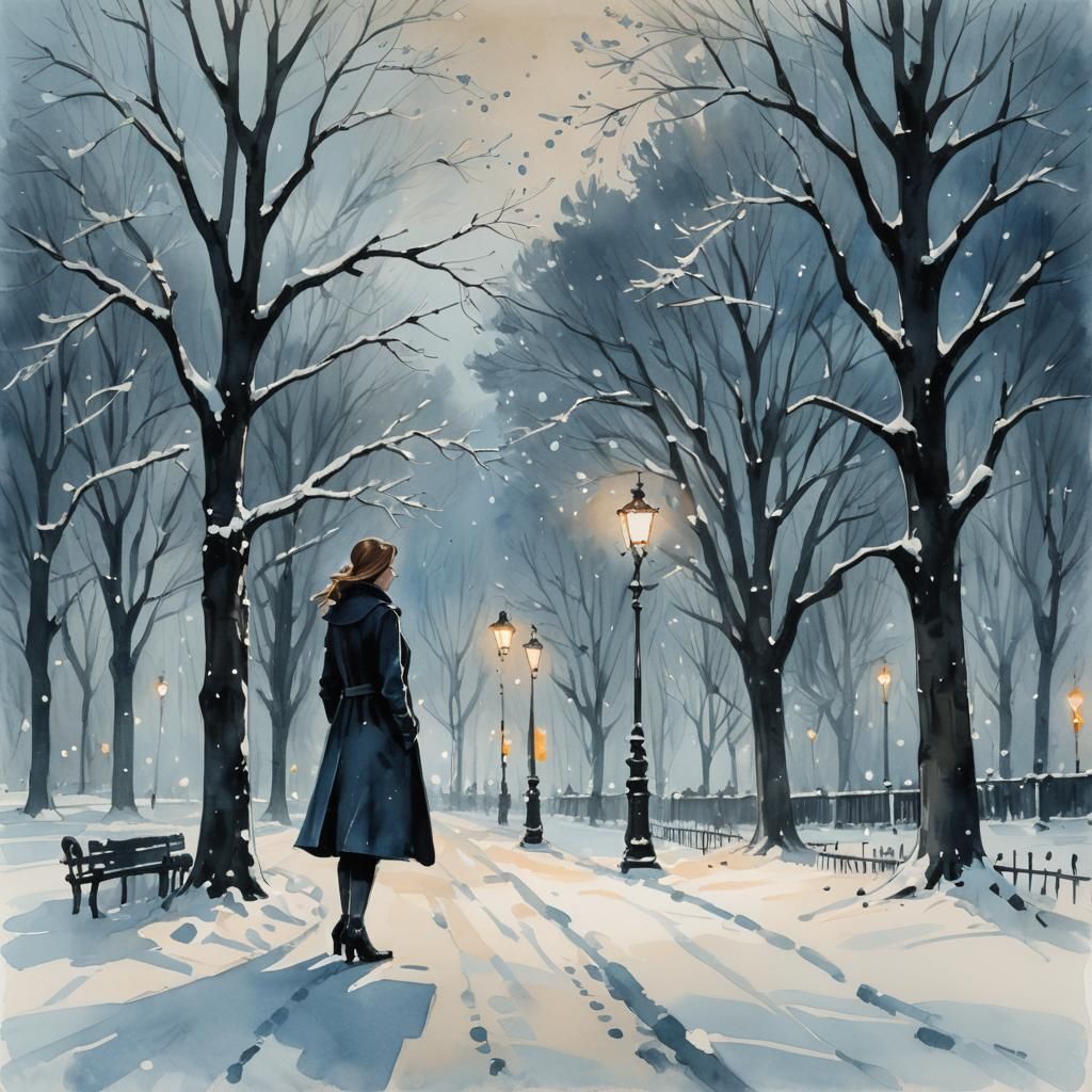 Woman in Snowy Park, Ink Painting