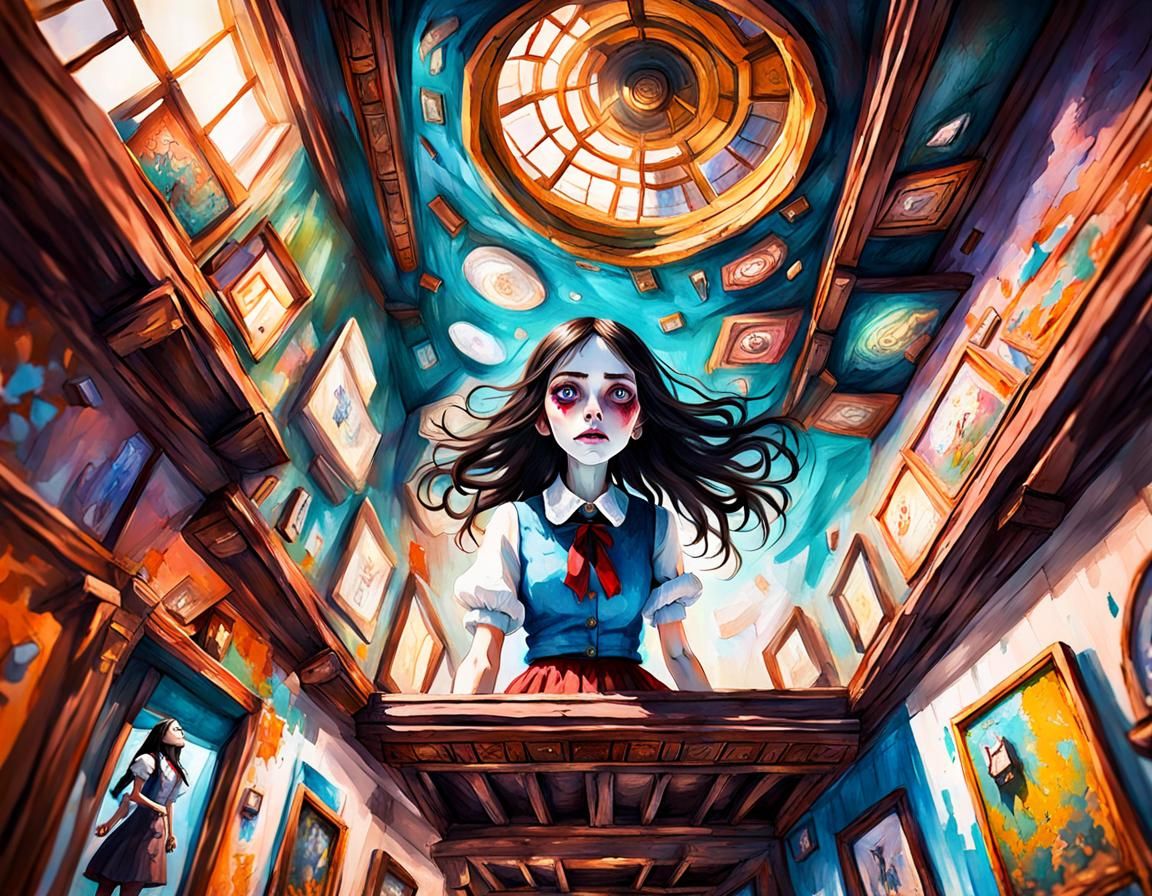 Surreal Girl in Upside Down Asylum Room as Gouache Painting