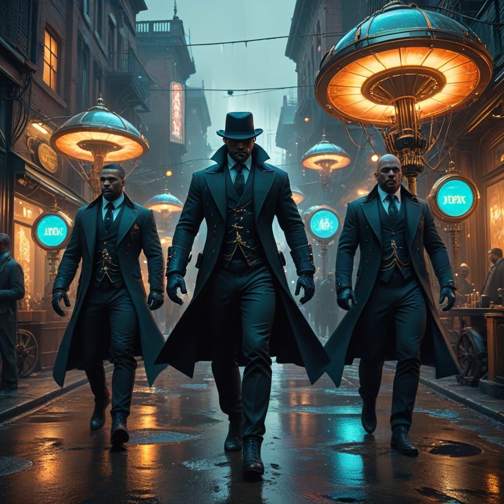 Steampunk Men in Black Battle Aliens in Victorian City